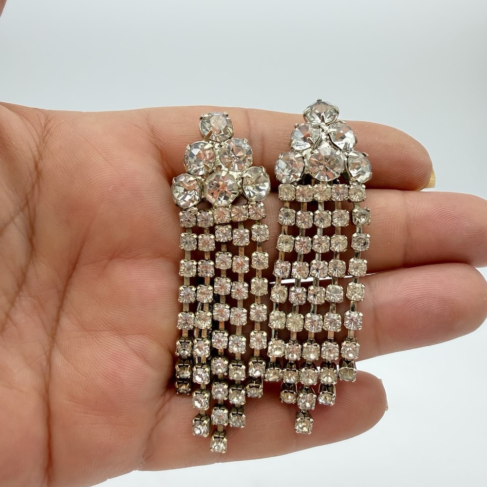 Vtg Rhinestone Earrings Waterfall Chandelier Dangle Clip On Unsigned Designer